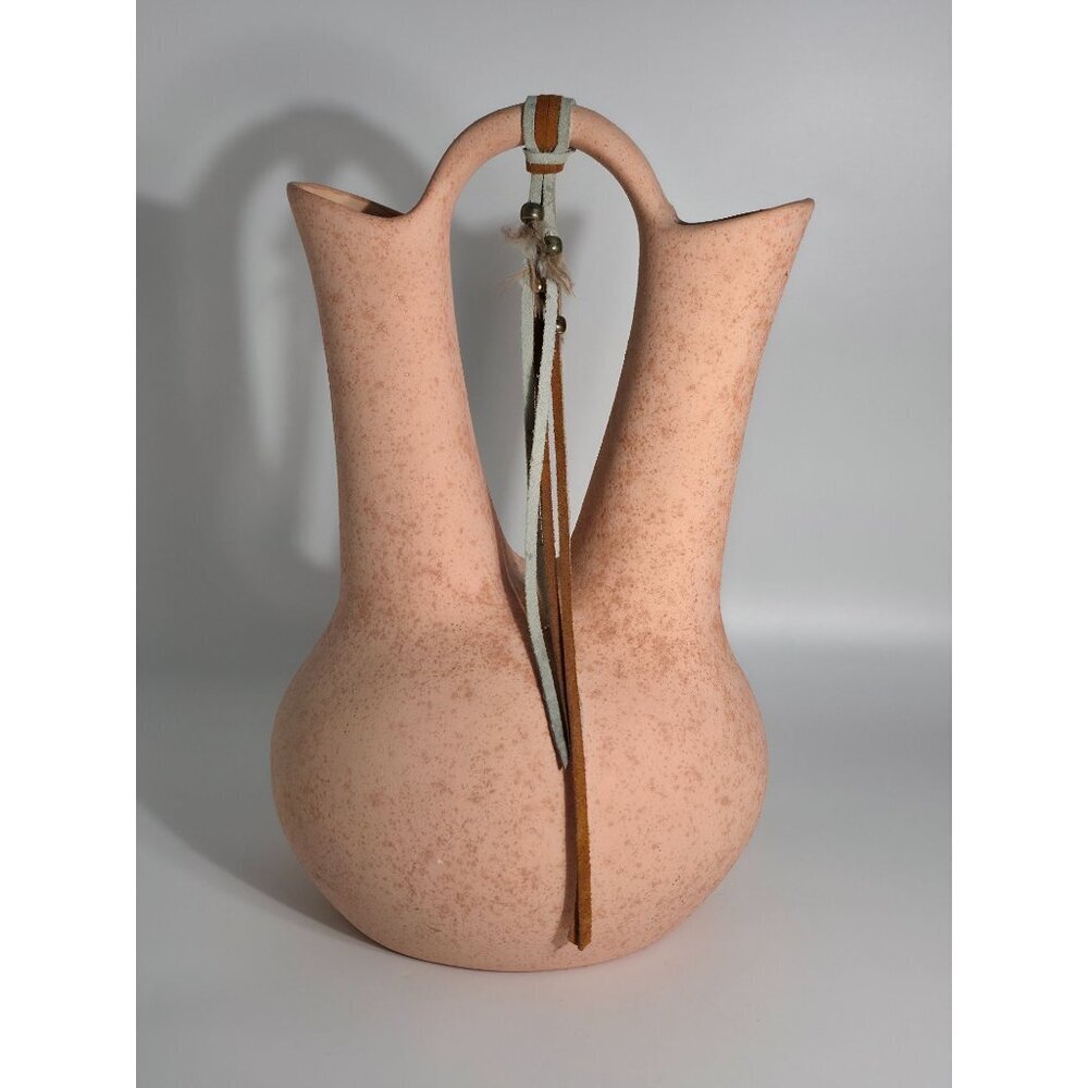 Double Spout Terracotta Vase Leather Accent Pink Beige Sandstone Finish Vintage